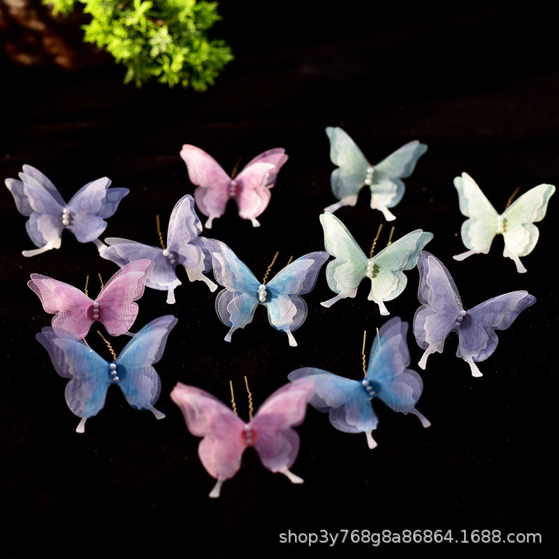 Mint Mambo Green Tulle Butterfly Pearl Pink Hair Fork Ancient Style Hair Fork Design Hair Accessories Daily Hair Accessories