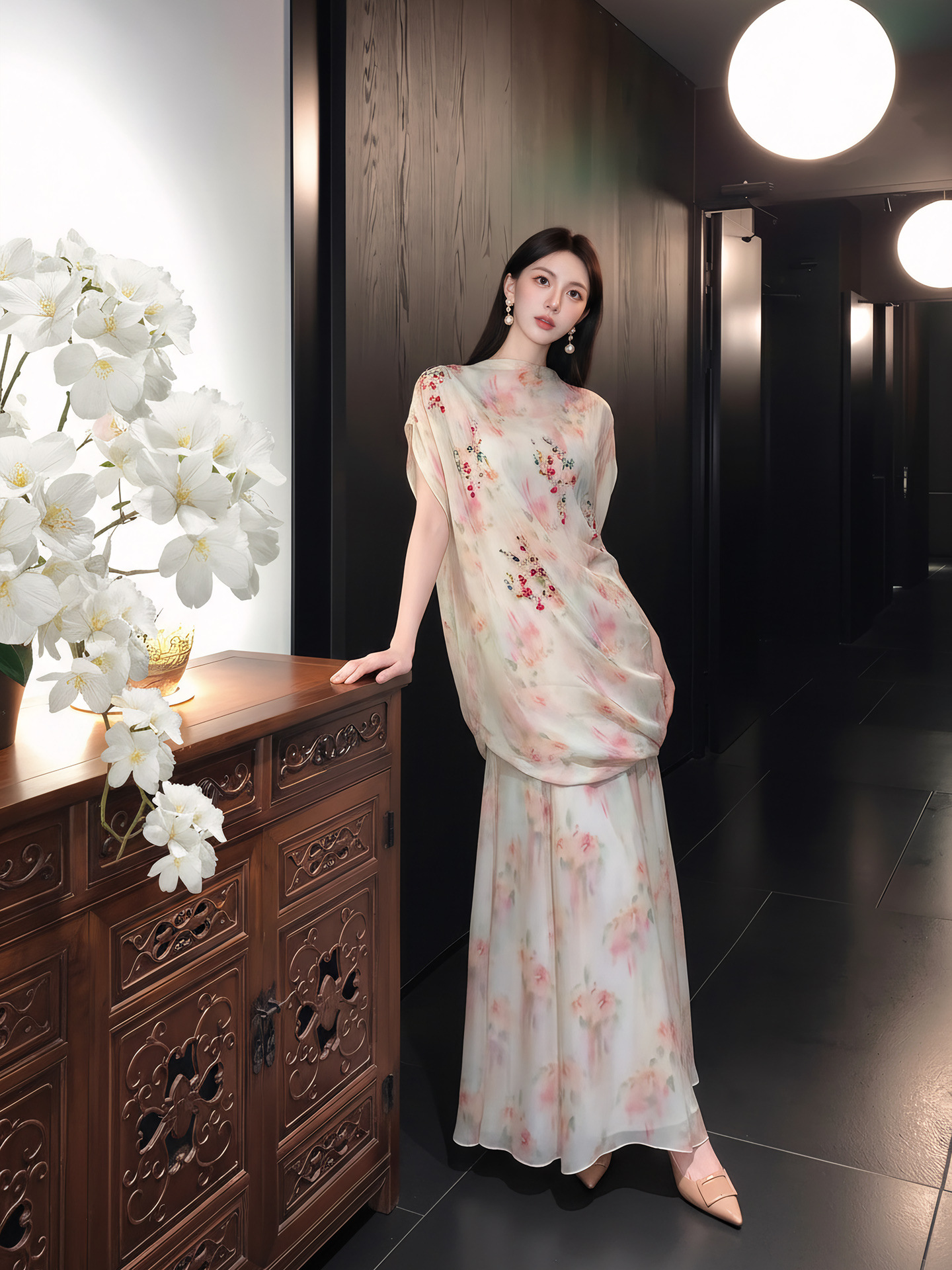 Bộ váy áo maxi thắt eo họa tiết hoa phong cách tân cổ điển — Trang chủ, bộ đồ, nửa váy