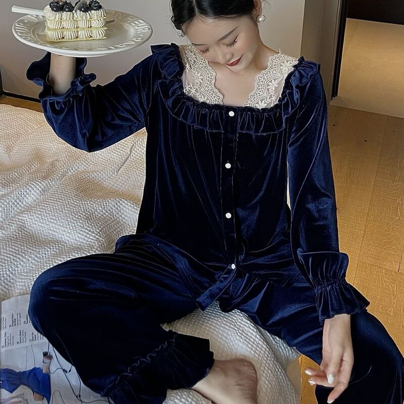 2024 New Lantern Sleeve High Luxury Glitter Velvet Pajamas Women's Long Pants Loose Lace Outerwear Loungewear Set