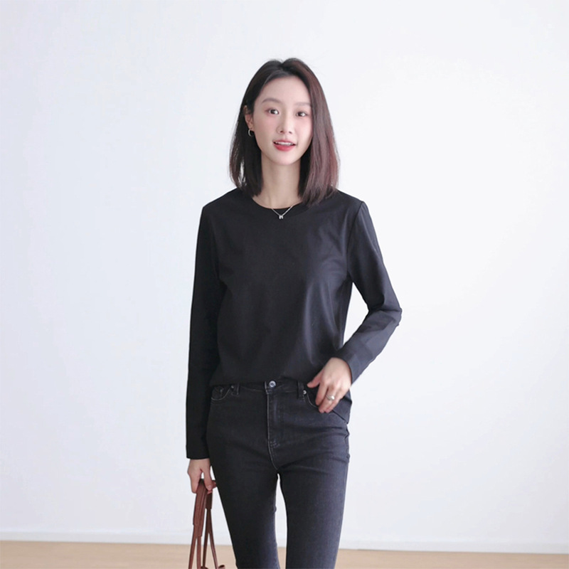 休闲简约t恤遮屁股女长袖圆领宽松休闲显瘦叠穿打底衫上衣|undefined