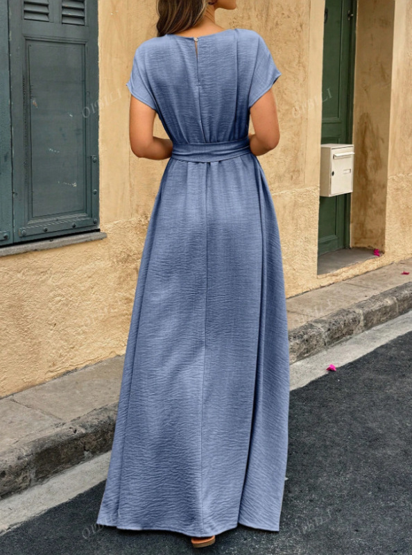 ヨーロッパとアメリカの2025年夏の新製品ヨーロッパとアメリカのクロスボーダー外国貿易婦人服ファッション通勤半袖レースアップエレガントドレス|undefined