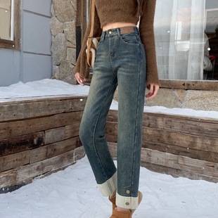European fashion stretch slit straight jeans button slim fit eight nine cigarette pants-other
