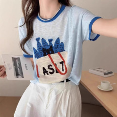 Gejia モールの同じスタイルの女性の 2025 夏薄いブルーアイスシルク半袖 T シャツ韓国の超見栄えの良いユニークなトップ