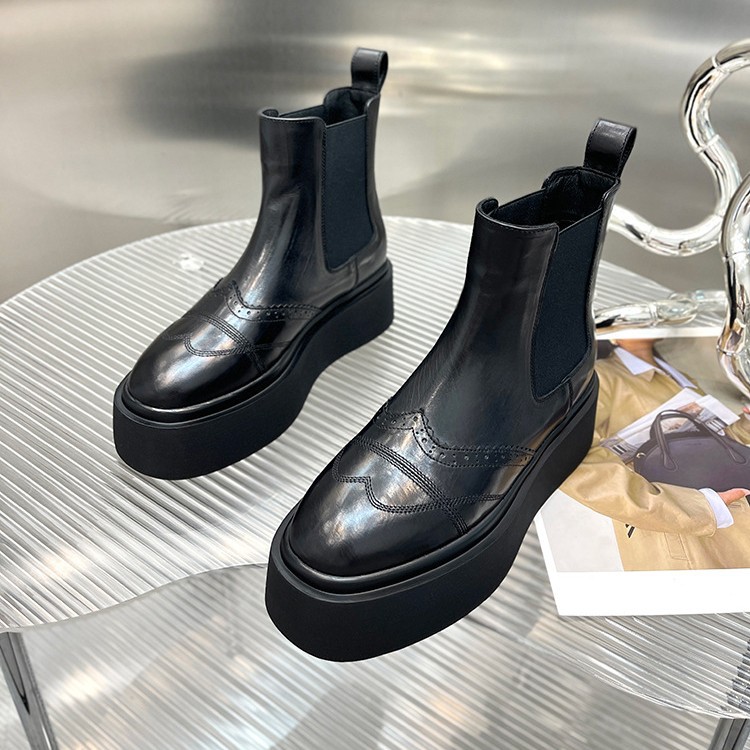 [in Stock] 3368 Chelsea Ankle Boots for Women, British Style, Autumn and Winter, Height-Increasing Thick Sole, Vintage Square-Toe Martin Boots