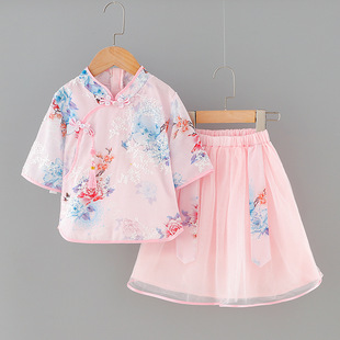 Embroidered New Improved Cheongsam Skirt Suit, Gorgeous Chiffon Girls' Summer Children's Hanfu Mid-Sleeve Children's Clothing Set