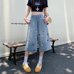 【韩牛】美式复古水洗浅蓝色七分牛仔裤女新款彩色纽扣七分阔腿裤
