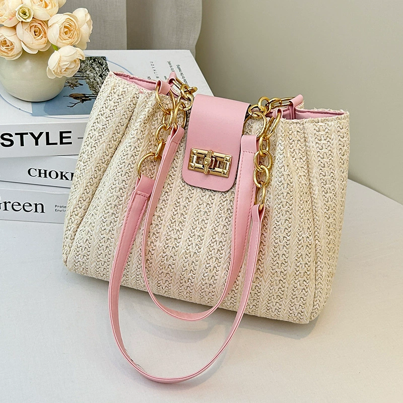 Woven straw shoulder bag, small design handheld purse