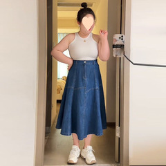 2-300 jin large size denim skirt for women in spring and autumn fat and slim big swinging characters high waist loose fish tail long skirt