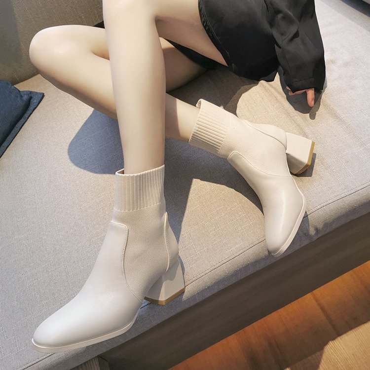 弹力针织袜子靴女2023秋季新款韩版气质高跟短靴方头粗跟瘦瘦靴子