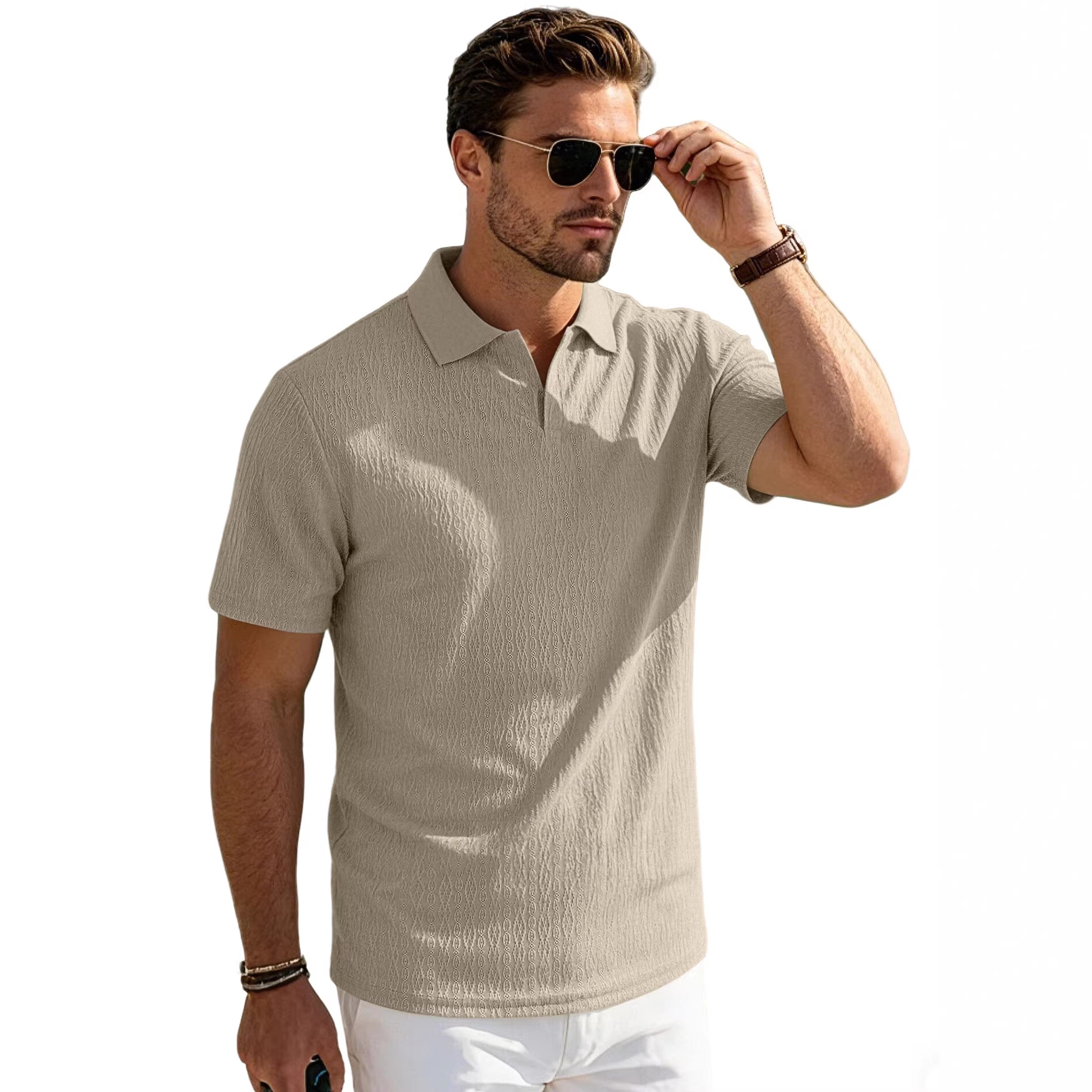 Europa y los Estados Unidos linas transfronterizas para hombres verano delgado relajado transpirable casuales de color sólido con solapa de manga corta polo de hombre