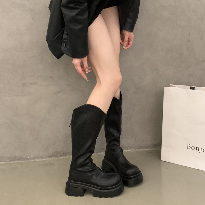 大码女鞋41-43码不过膝V口长靴秋冬时尚厚底瘦瘦靴辣妹黑色骑士靴|undefined