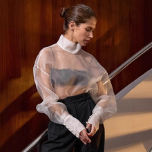 欧美性感透视白色网纱衬衫女2025春季高级感衬衣立领长袖上衣女装