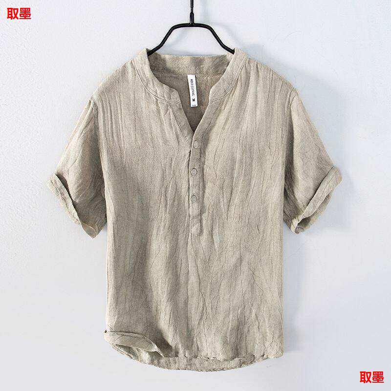 Fashionable National Trend Casual Thin Short-Sleeve Men's Summer Vintage Linen T-Shirt V-Neck Shirt Breathable Distressed Pleated Design