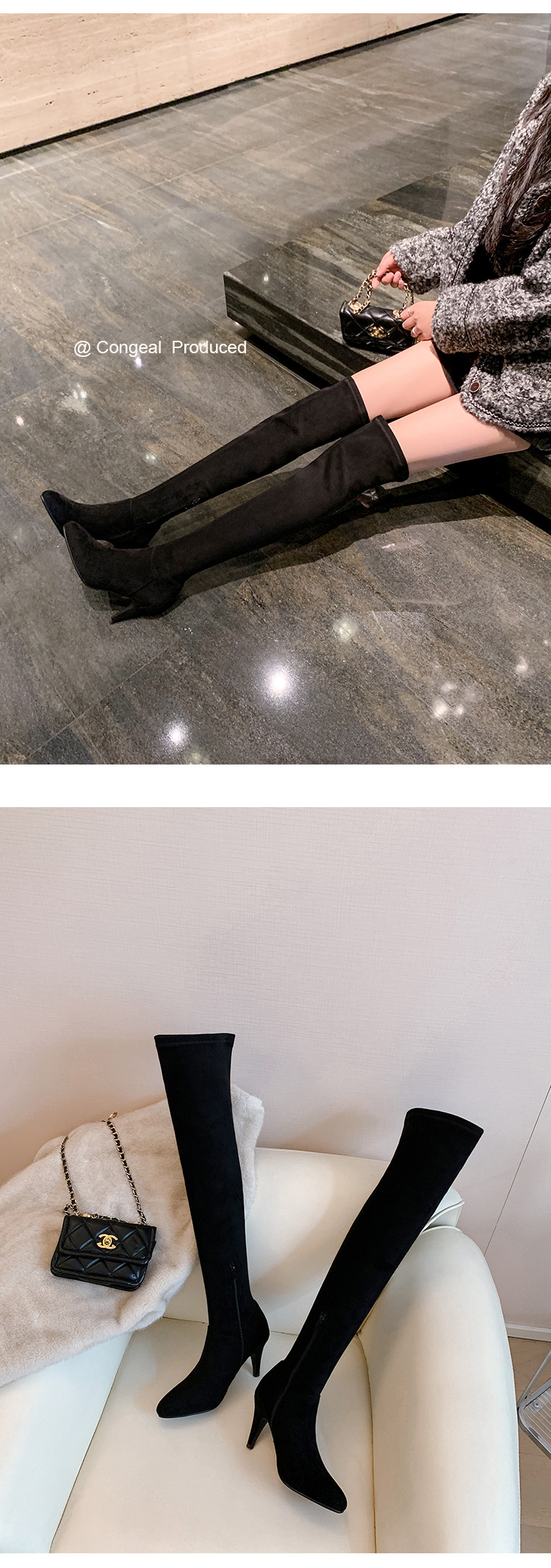 Boot nữ cổ cao trên gối mũi nhọn gót cao 9 cm chất da lộn co giãn — Lớp lót nhung tiêu chuẩn màu đen trên đầu gối, Lớp lót nhung lớn màu mơ trên đầu gối, Giày bốt cao cấp lót nhung tiêu chuẩn màu mơ, Lớp lót nhung đen trên đầu gối chi tiết 24