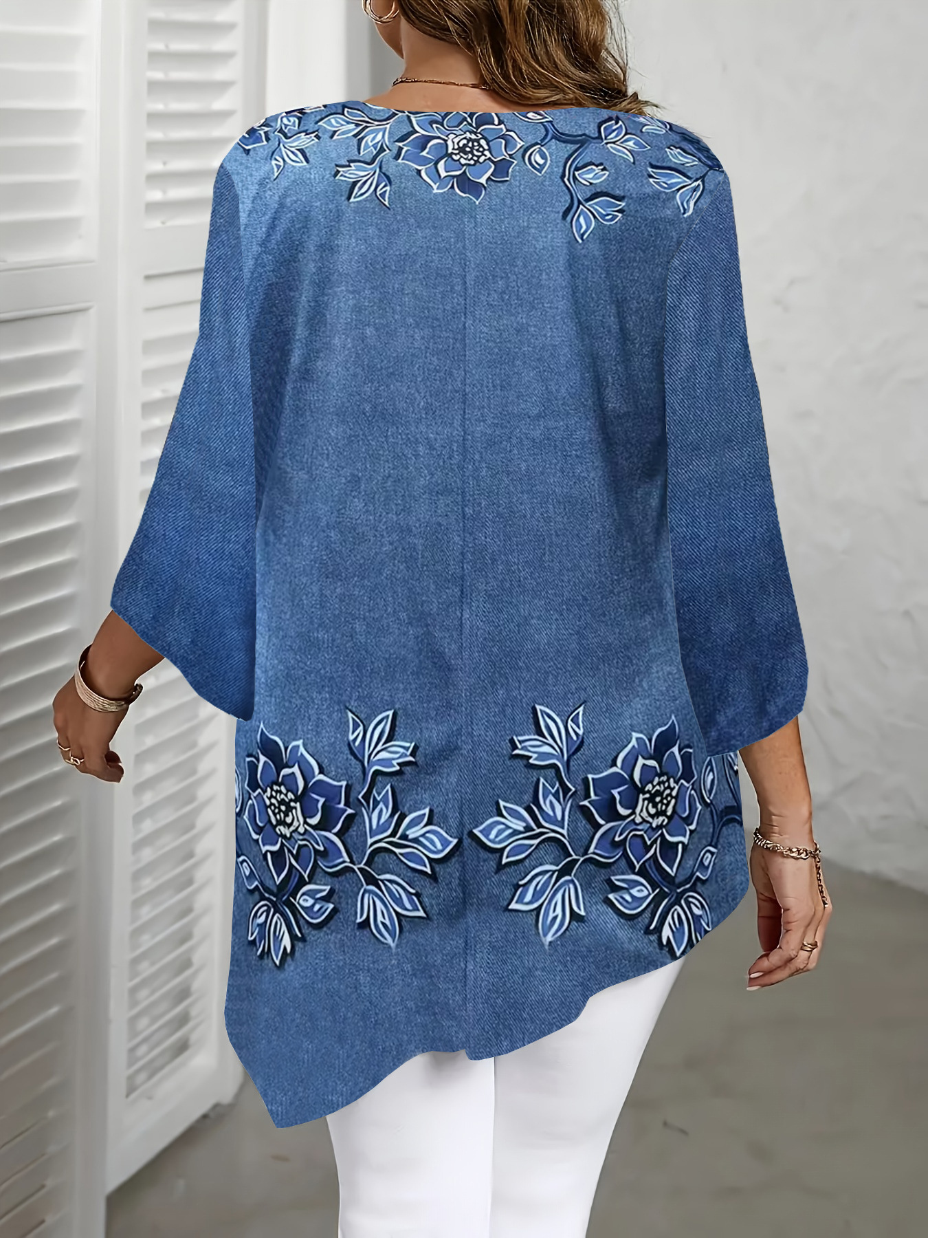 2025 Amazon verano nuevo estilo de Europa y América venta caliente Casual versátil blusa flor impresa camiseta de cuello redondo image 6