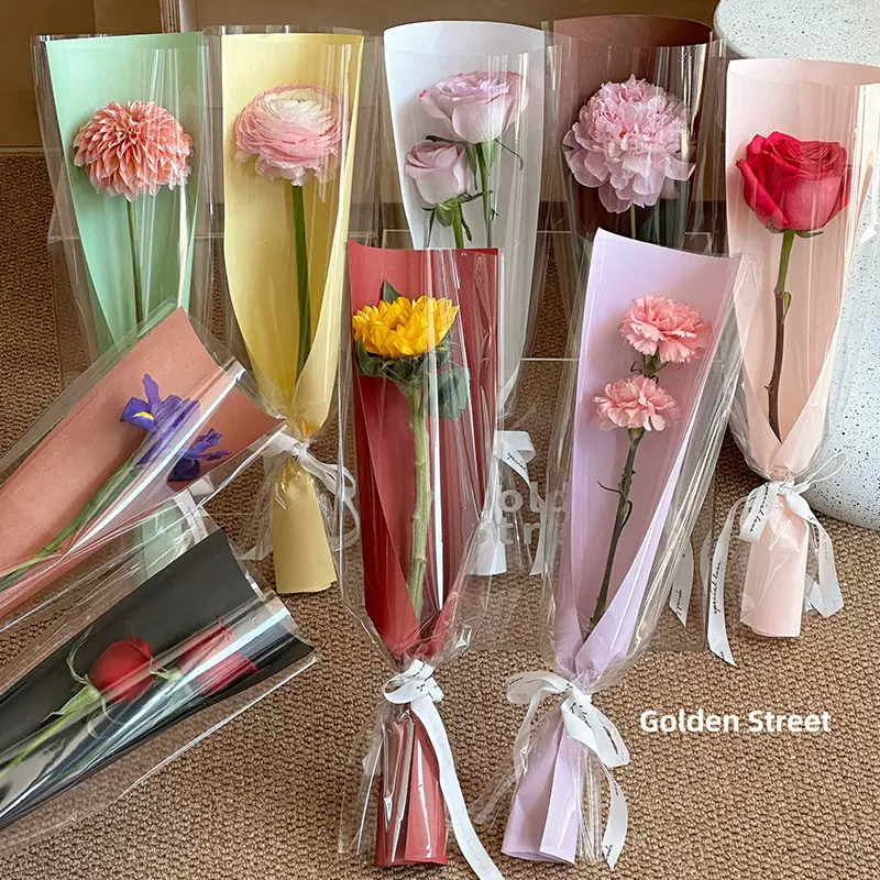 玫瑰鲜花单支袋opp透明花束袋花艺单只袋加厚立体纯色单支袋