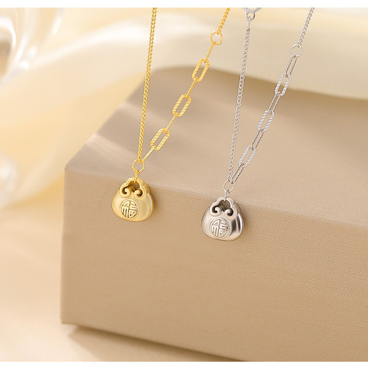 Dây chuyền bạc S925 mạ vàng mặt Phúc tự Như Ý hình túi xương đòn — Các kiểu màu bạc chi tiết 3