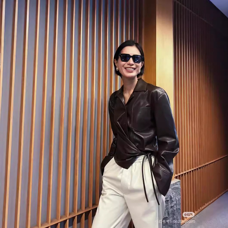 Hungarian niche brand ~ Gao Ding soft protein leather design sense asymmetric plain leather brushed long sleeve women's shirt