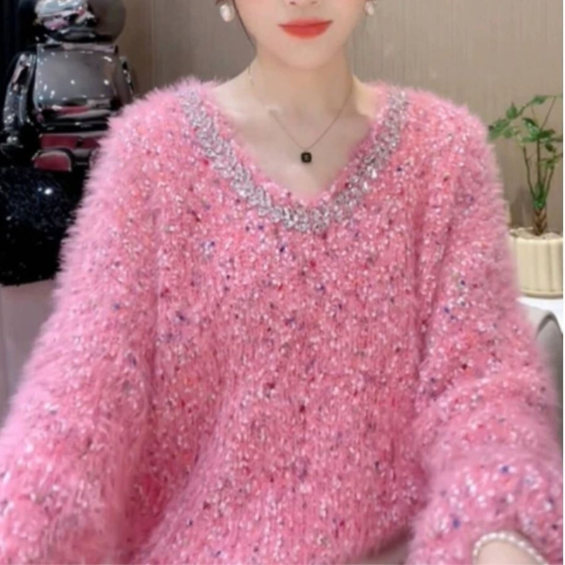 韩版钉珠彩色波点拼接软糯毛衣女秋冬新款慵懒风时尚气质长袖上衣|undefined