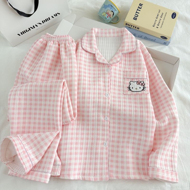 Algodón de aire al por mayor transfronterizo pijama intercalado de mujeres otoño invierno calentamiento algodón intercalado grueso cardigan dulce ropa de casa a cuadros