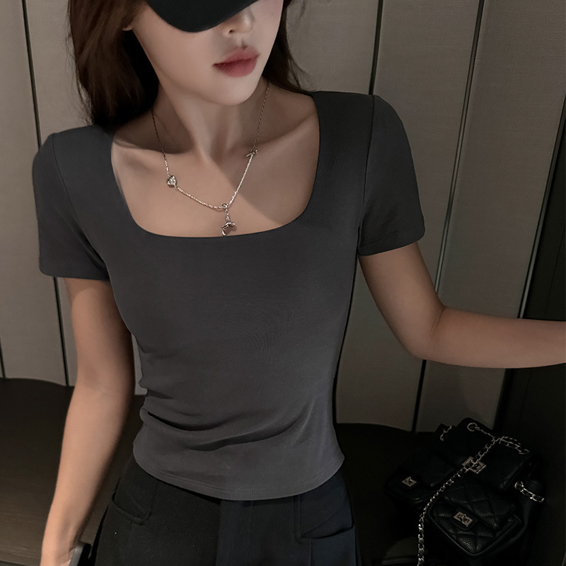 Factory Summer Thin Square-Neck Pure Desire Style Inner Base Layer Right Shoulder Short-Sleeve Women's Solid Color Design Niche Base Shirt