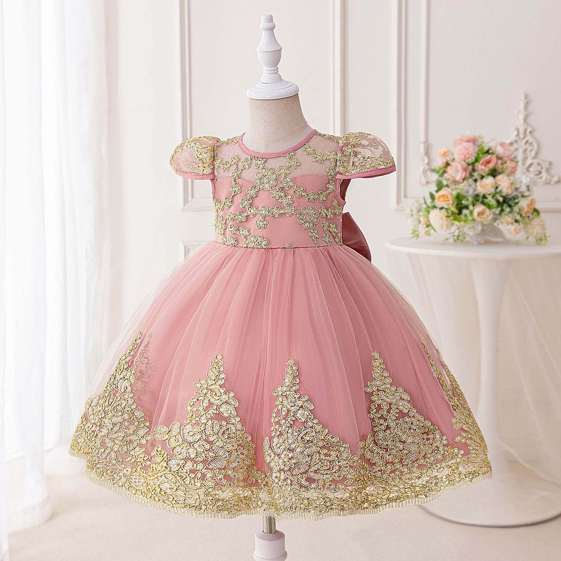 EBay vestido para niños bordado de hilo dorado niña de las flores elegante espectáculo de boda esponjoso vestido de niña de cumpleaños vestido de princesa vestido de noche
