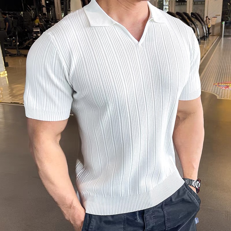 Camicia da uomo in maglia con scollo a V, stile casual, tinta unita, righe verticali, estiva, trendy, casual, girocollo, business, strato base_voghion.com
