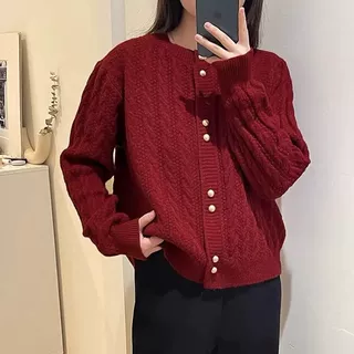 软糯双扣针织开衫女宽松休闲长袖外套女韩系秋新款麻花设计感圆领