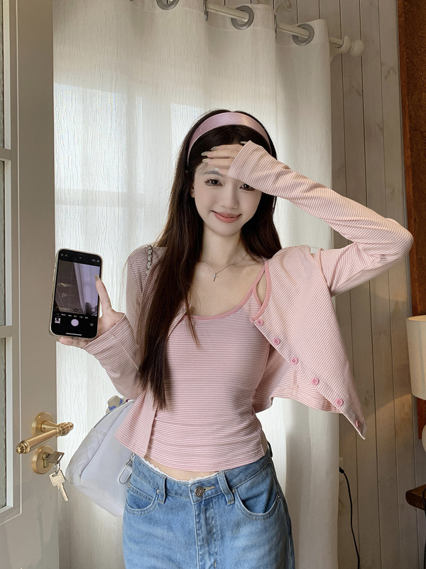 复古设计感条纹吊带背心长袖针织开衫外套2025秋季新款两件套装女|undefined
