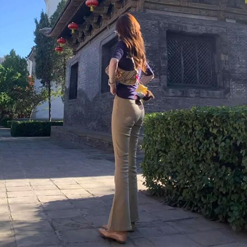 High-Waisted Khaki Jeans for Women, New Elastic Slim Fit, Fashionable and Simple Solid Color, Trendy Influencer Style, Flared Pants High-Waisted Khaki Jeans for Women, New Elastic Slim Fit, Fashionable and Simple Solid Color, Trendy Influencer Style, Flared Pants