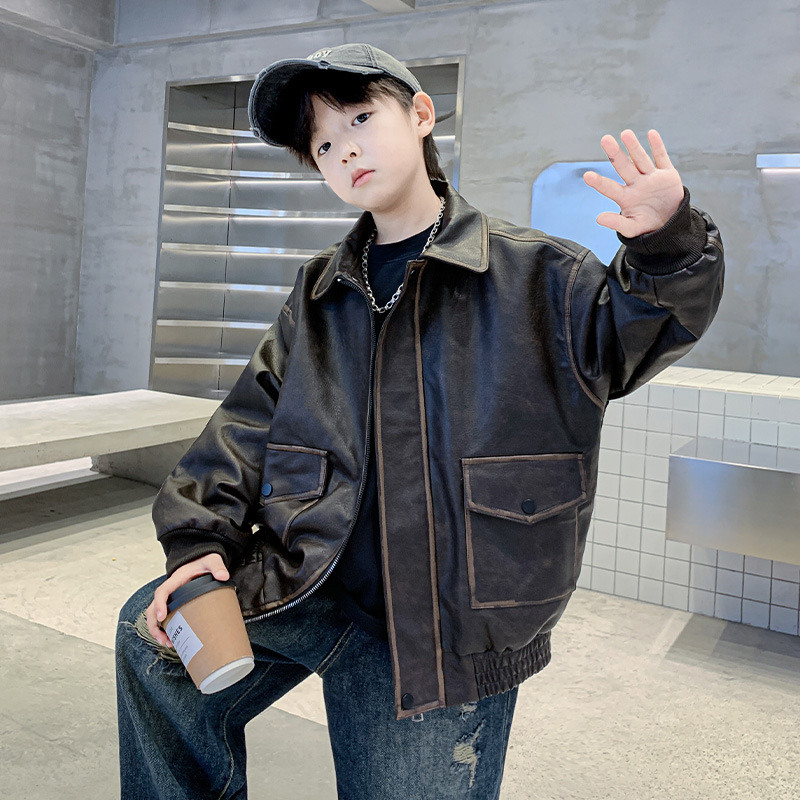 男童秋装PU皮衣夹克外套2025新款儿童痞帅工装上衣春秋炸街大童潮