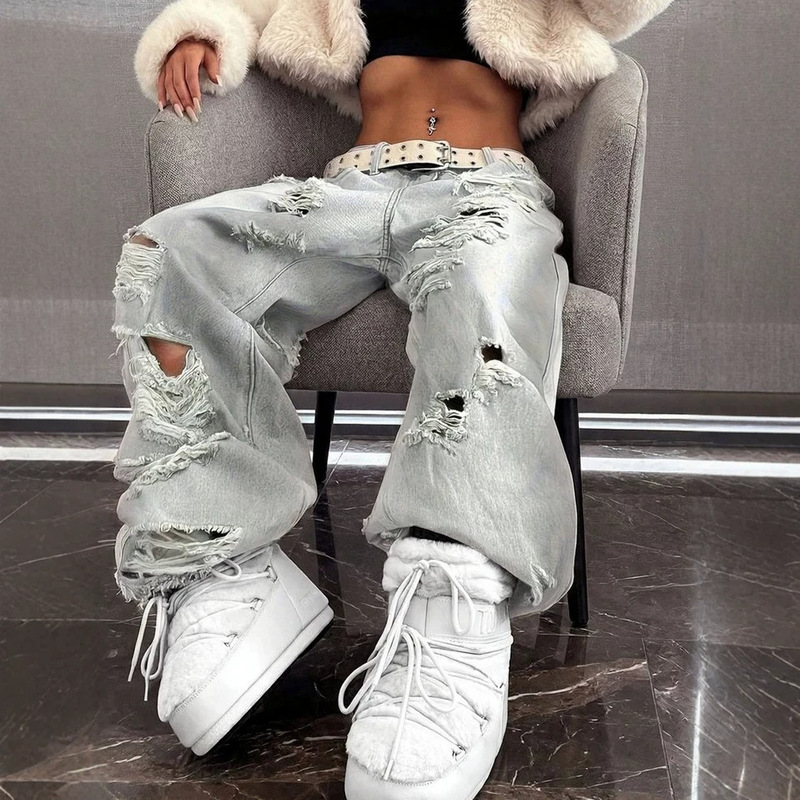 Cross-border autumn new ripped jeans for women, high street trendy brand, loose, unique, versatile, straight wide-leg floor-length pants Cross-border autumn new ripped jeans for women, high street trendy brand, loose, unique, versatile, straight wide-leg floor-length pants