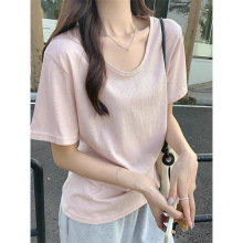 韩版慵懒风宽松V领雪花棉短袖上衣夏季新款基础款t恤百搭棉麻女装
