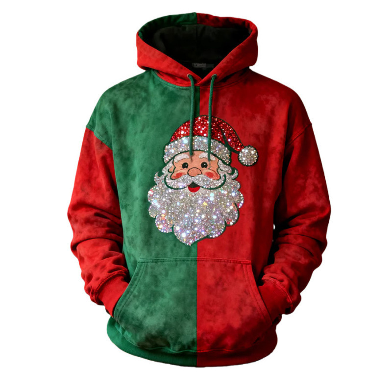 跨境欧美圣诞节时尚女士卫衣3D数码印花圣诞元素流行拼色连帽衫