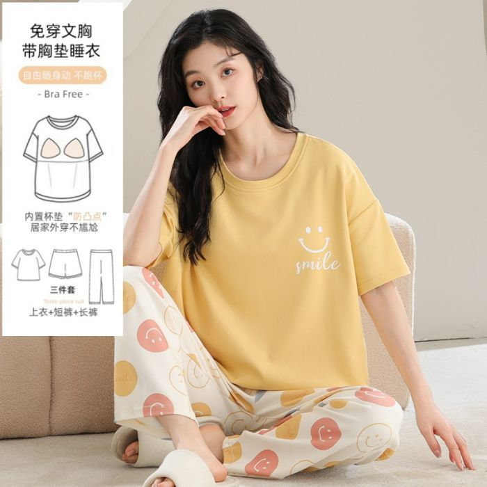 Pantalones de manga corta para mujer de verano, pantalones cortos, pijamas de cuello redondo de tres piezas, algodón de imitación, almohadillas para el pecho, estilo casual cómodo, suave y simple