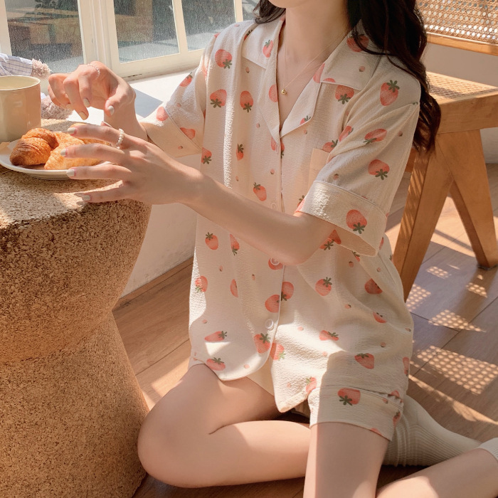 睡衣女夏季梭织泡泡棉皱布ins公主风可爱短袖夏天薄款家居服套装|undefined