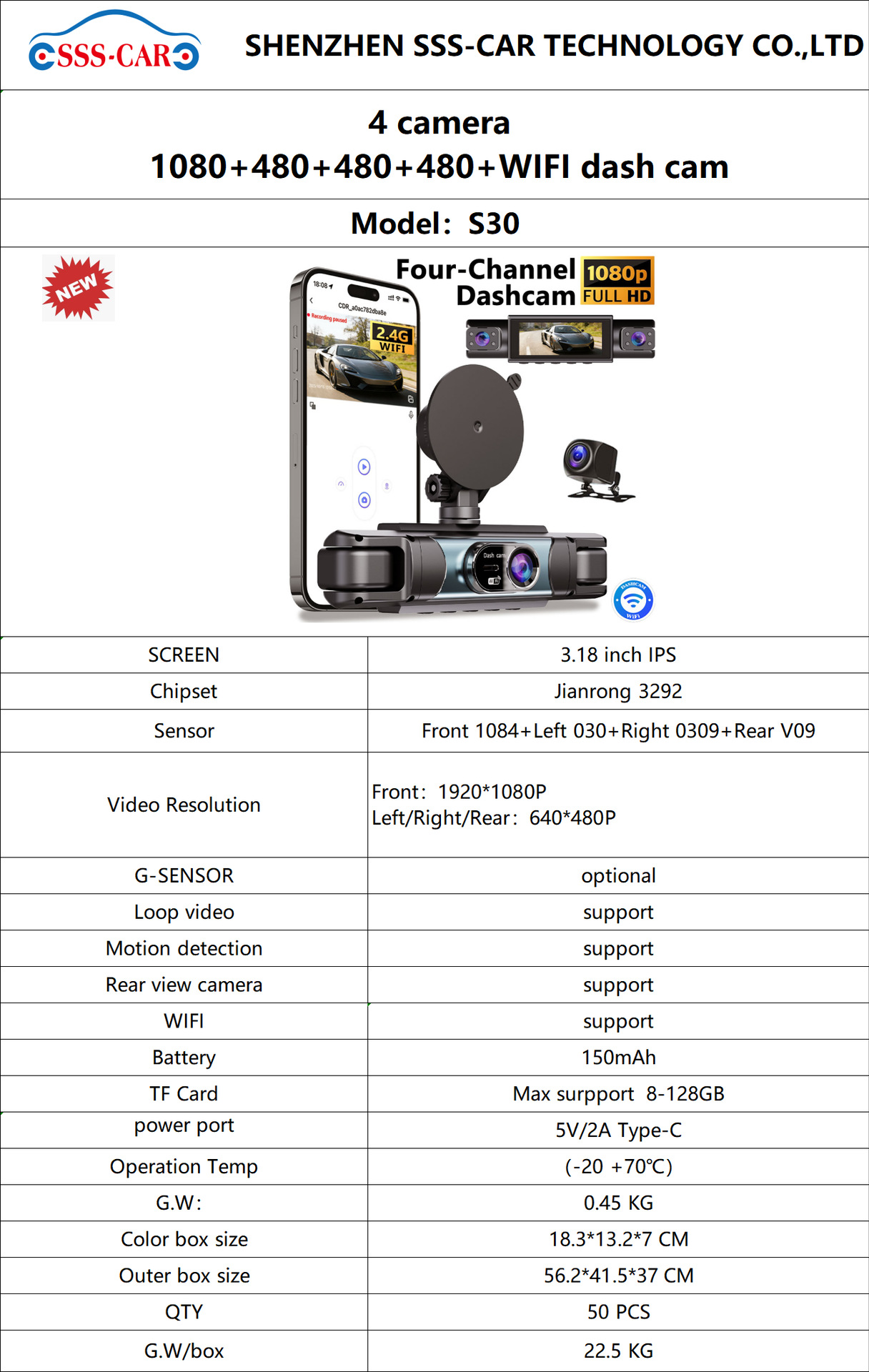 4-Channel Recorder with Wifi 1080P Dash Cam New Model Loop Recording High-Definition Recorder Dashcam