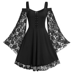 欧米のアマゾンの肩の文芸の復古のレースはワンピースのラッパの袖の婦人服をつなぎ合わせます。