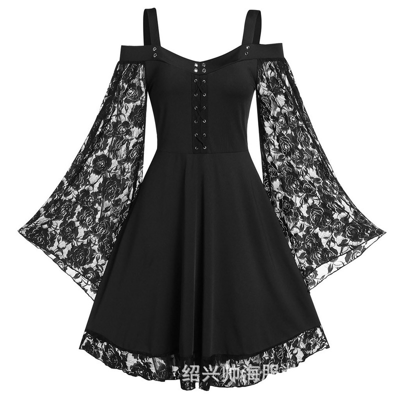 Europe and the United States Amazon off-shoulder art retro lace stitching dress horn sleeve women's clothing a generation of hair