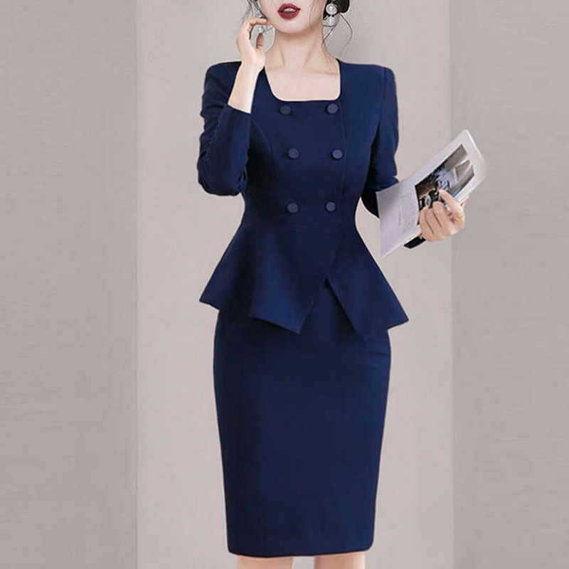 Autumn OL Elegant Long Dress suit Ladies Elegant Office Square Collar Sports Jacket High Waist Skirt high quality Work