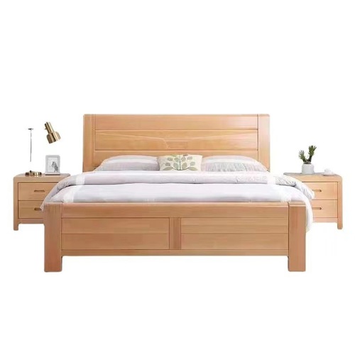 Beech wood solid bed 1.8 meters modern minimalist 1.5 meters master double bed with storage high box bed in natural wood color large wedding bed