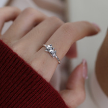 蒂奇实拍925纯银小猫咪戒指复古做旧开口戒简约高级感食指戒新款