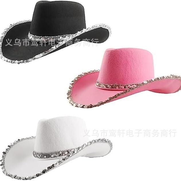 Cross-Border Pink Silver-Edged Cowboy Hat Halloween Carnival Party Black Warped Decorative Hat Masquerade Styling Hat Cross-Border Pink Silver-Edged Cowboy Hat Halloween Carnival Party Black Warped Decorative Hat Masquerade Styling Hat