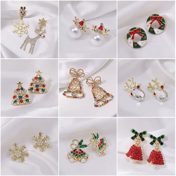 Christmas Earrings Amazon Diamond-Encrusted Bells Snowflakes Christmas Tree Earrings Christmas Eve Christmas Gifts European and American Style