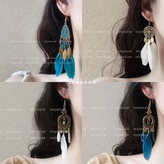 孔雀藍羽毛流蘇耳環超仙復古風新中式民族風耳飾出遊穿搭必備耳墜
