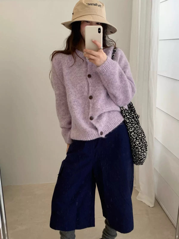 彩纱韩系百搭少女风圆领针织开衫外套秋冬新款时尚减龄毛衣上衣女|undefined