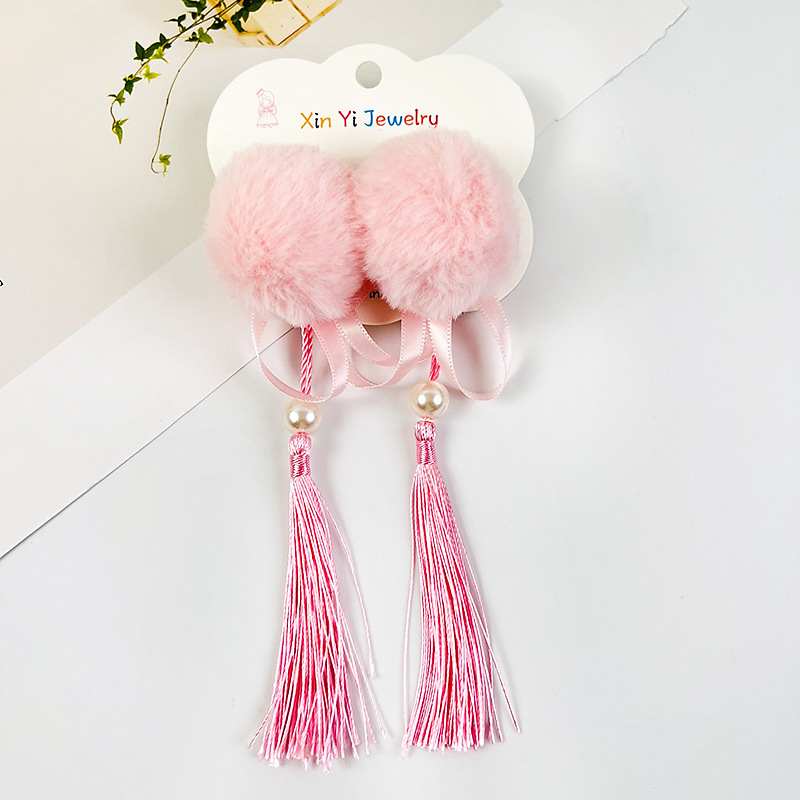 Bola de piel grande clip de pico de pato para niñas Hanfu estilo antiguo tocado de tela horquilla larga borla horquilla no duele el clip lateral del cabello hembra