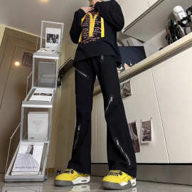 美式重磅拉链设计感牛仔裤男款复古潮牌黑色直筒宽松微喇牛仔裤潮