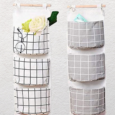 門後雜物儲物袋收納袋神器 大容量格子棉麻收納挂袋加厚多層挂兜