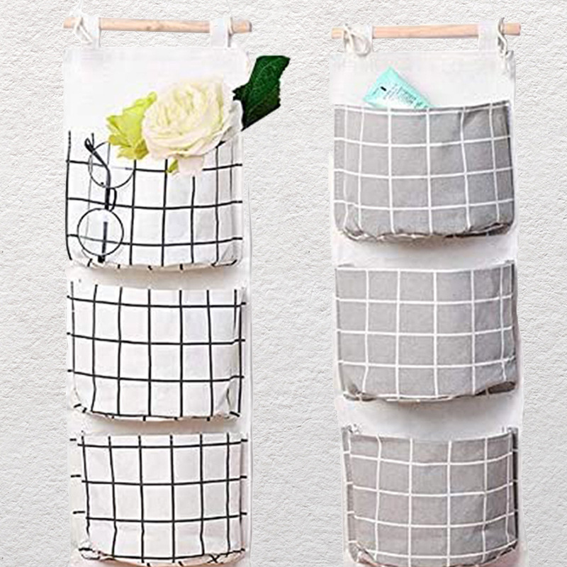 門後雜物儲物袋收納袋神器 大容量格子棉麻收納挂袋加厚多層挂兜
